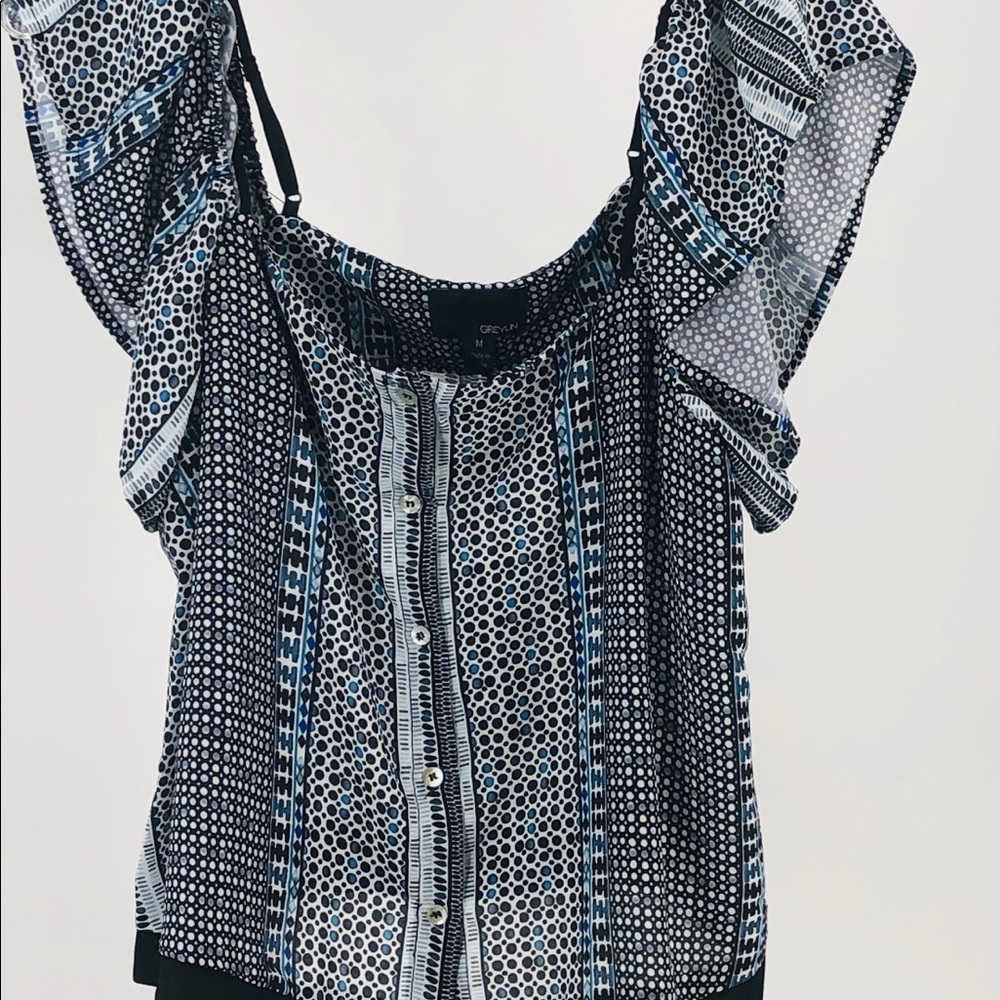 MXED DOT BLACK BLUE COLD SHOULDER SLEEVE MEDIUM - Picture 13 of 15